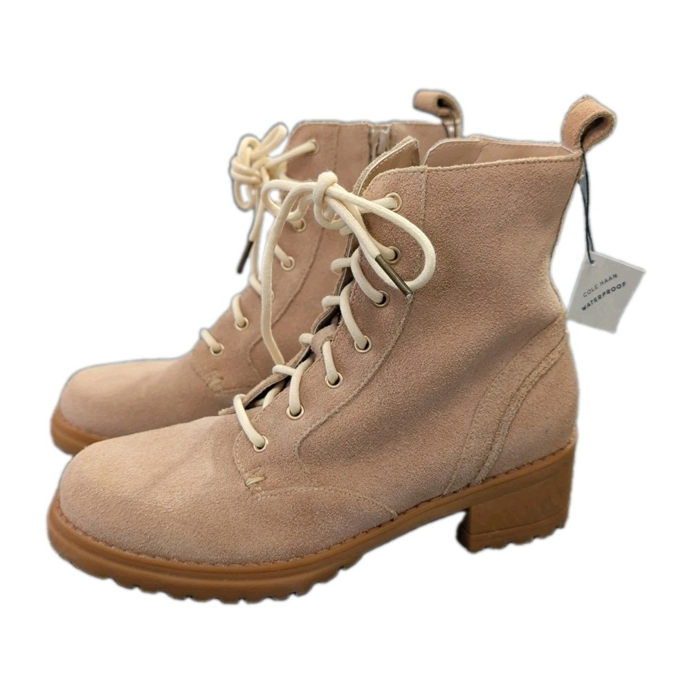 Cole Haan Camea Combat Boot Womens 5.5 Beige Suede Waterproof Chunky Heel